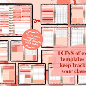 May include: A digital planner with a pink and red color scheme. The planner has tabs for different sections, including an index, class schedule, course overview, grade tracker, reading list, reading notes, assignment planner, lesson reflection, exam planner, study session planner, and group projects. The planner is designed to help students keep track of their classes and assignments.