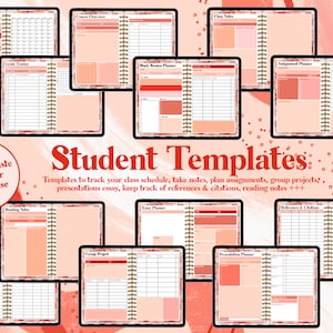 May include: A set of printable student planner templates in a peach and red color scheme. The templates include pages for class schedules, grade trackers, study session planners, assignment planners, reading notes, essay planners, group projects, presentation planners, and references and citations.