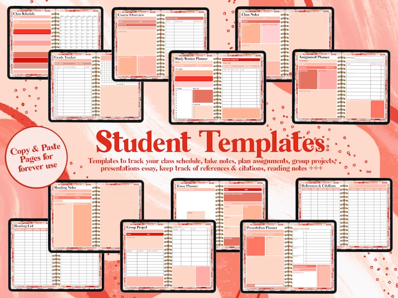 May include: A set of printable student planner templates in a peach and red color scheme. The templates include pages for class schedules, grade trackers, study session planners, assignment planners, reading notes, essay planners, group projects, presentation planners, and references and citations.