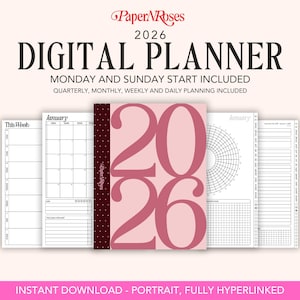May include: A digital planner for 2026 with a pink cover featuring large numbers. The planner includes sections for weekly, monthly, and daily planning, with a Monday and Sunday start. The design includes the text "Paper Roses" and "DIGITAL PLANNER".