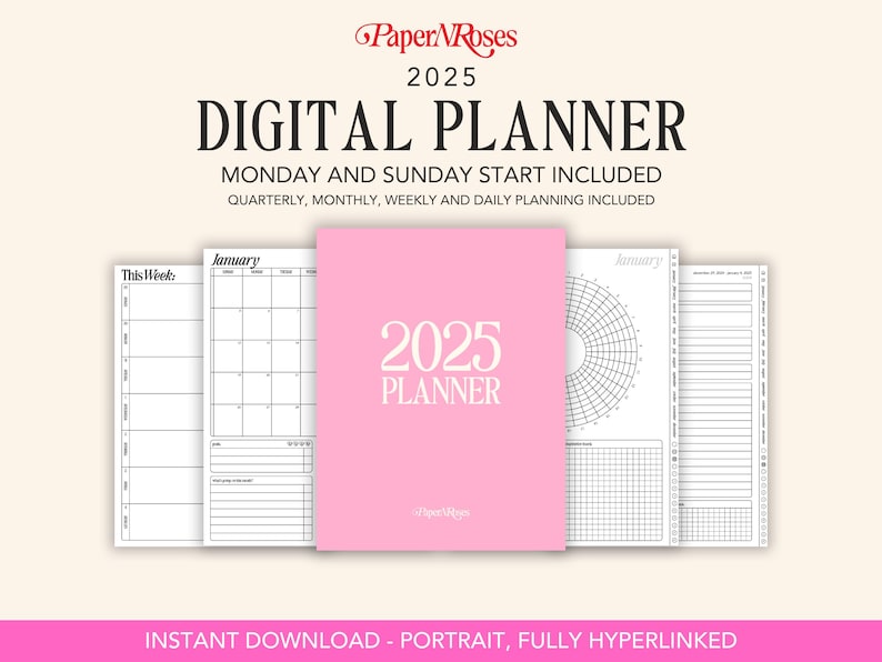 May include: A digital planner for 2025 with a pink cover. The planner includes monthly, weekly, and daily planning pages. The text "2025 Planner" is printed on the cover.