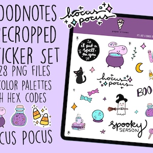 Puede incluir: Un conjunto de pegatinas digitales para GoodNotes con temática de Halloween. El conjunto incluye 28 archivos PNG y paletas de colores con códigos hexadecimales. Las pegatinas presentan un gato negro, un caldero, botellas de pociones y caramelos.