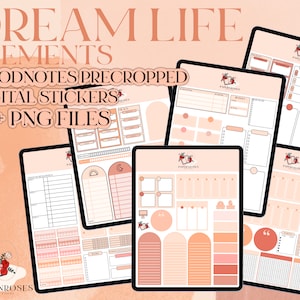 May include: A set of digital stickers for Goodnotes, featuring a peach and terracotta color scheme. The stickers include various shapes, frames, and text boxes, perfect for planning and journaling. The set includes over 90 PNG files.