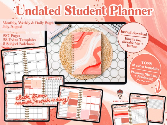 PaperNRoses UNDATED Ultimate Student Digital Planner - Monthly, Weekly, Daily, Student Templates - Goodnotes, Notability, Noteshelf, PDF