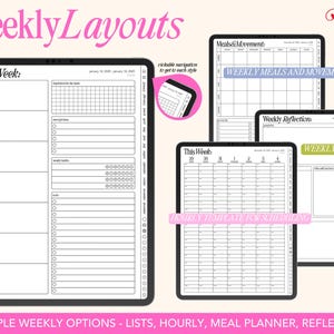 May include: Four different weekly planner templates for digital planning. The templates include a list format, an hourly schedule, a meal planner, and a reflection page.