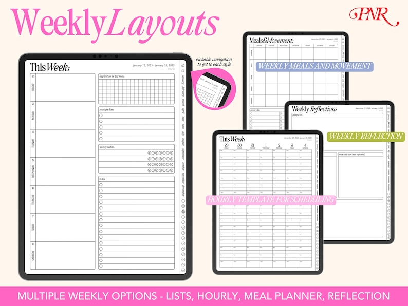 May include: Four different weekly planner templates for digital planning. The templates include a list format, an hourly schedule, a meal planner, and a reflection page.