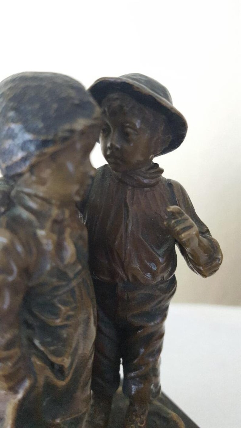 Brother and Sister Bronze Sculpture Standing on a Marble image 5