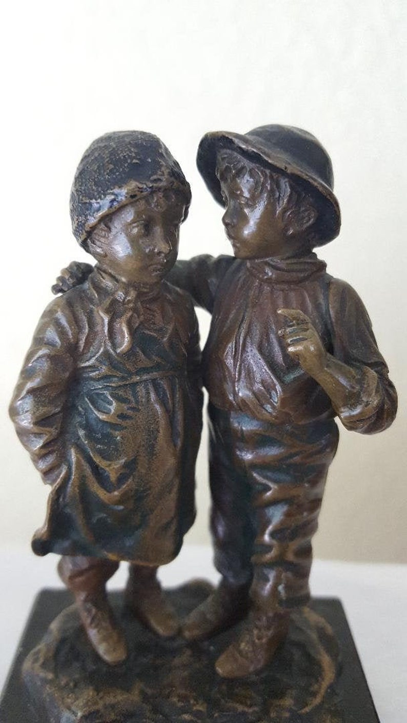 Brother and Sister Bronze Sculpture Standing on a Marble image 0