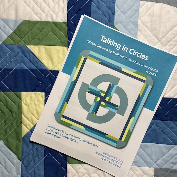 Talking In Circles Quilt, PDF version. Modern quilt with no pin curves, templates, colouring pages.