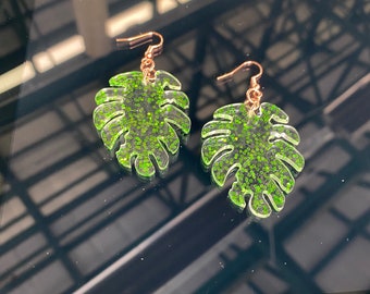 Monstera Handmade Resin Earrings Green Nickel-Free Hardware Pair Jewelry