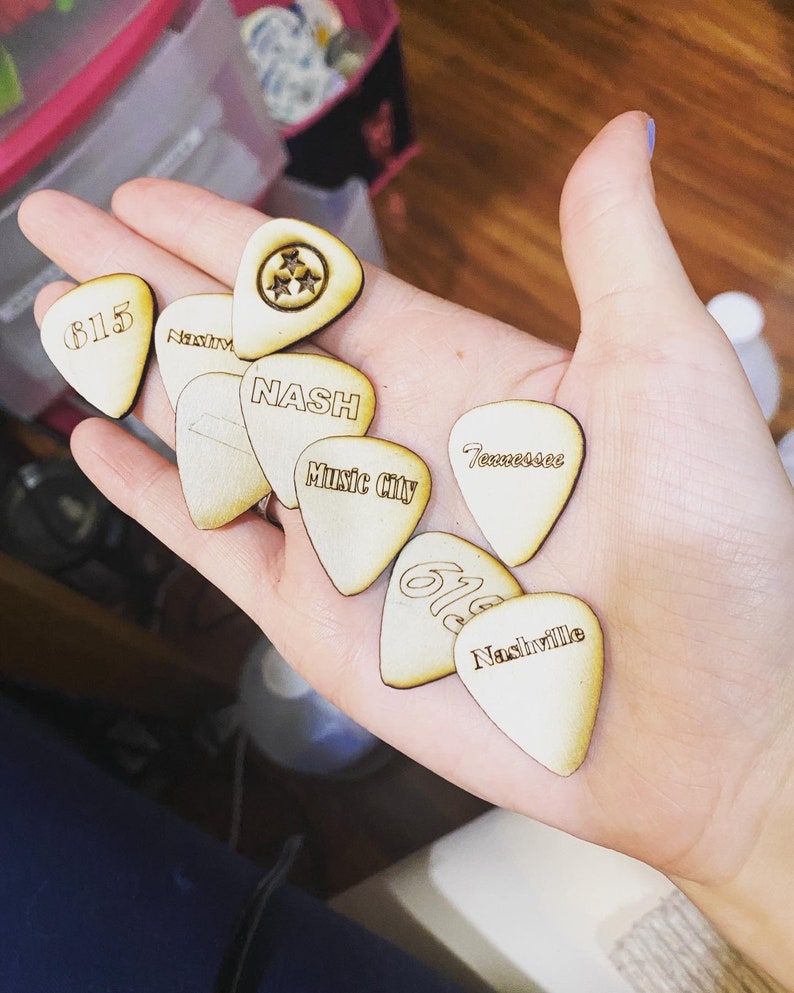 Wooden Guitar Picks Decorative Set Customizable Sayings Handmade image 1