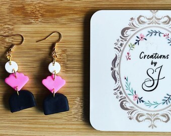 Handmade Clay Earrings Pink Black And White Pair of Dangle Drop Clay Earrings Gift For Her