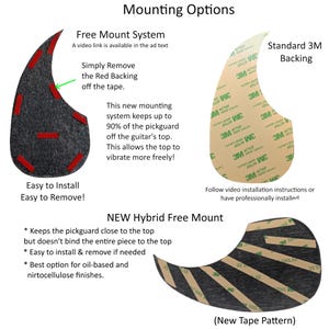 Puede incluir: Imagen que muestra opciones de montaje de golpeadores de guitarra. Incluye un sistema de montaje gratuito con cinta roja, un respaldo 3M est&aacute;ndar y un nuevo montaje h&iacute;brido gratuito. El texto detalla la instalaci&oacute;n.