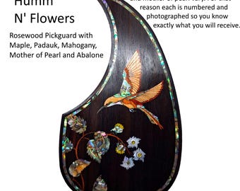 Guitar Pickguard Hummingbird and Flowers Abalone & Mother of Pearl Inlay- Handcrafted Parts