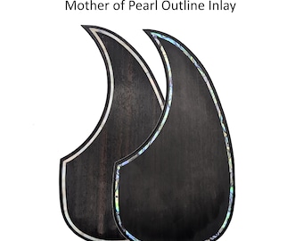 May include: Two dark wood guitar pickguards with a teardrop shape. One features a white mother of pearl outline inlay, and the other features an iridescent abalone outline inlay. The text above reads: Choose from Abalone or Mother of Pearl Outline Inlay.