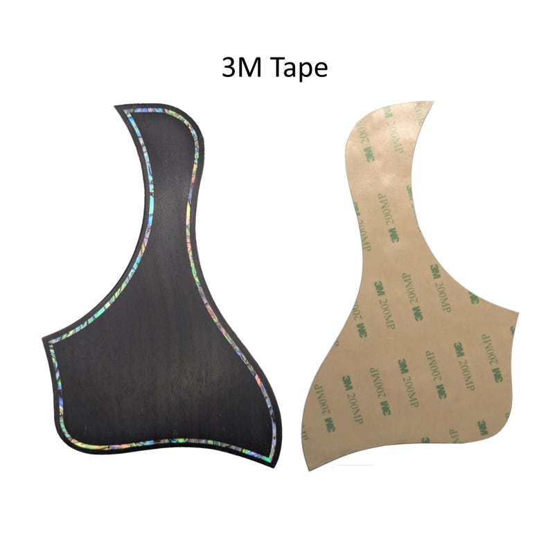May include: A black guitar pickguard with an iridescent abalone shell inlay along the edge. The reverse side features a tan adhesive backing with the text 3M Tape and 3M 200MP printed repeatedly across the surface in a repeating pattern.