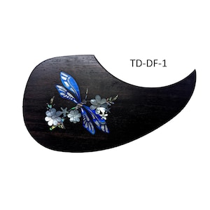 Pickguard Dragonfly Flower Design Mother of Pearl & Abalone Inlay, Teardrop Shape for Full-Size Acoustic Guitar, Natural Wood and Inlay