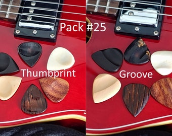 Pack of 6 Guitar Picks- Assorted Sizes, Shaped Picks Made of Woods, Horn, & Bone