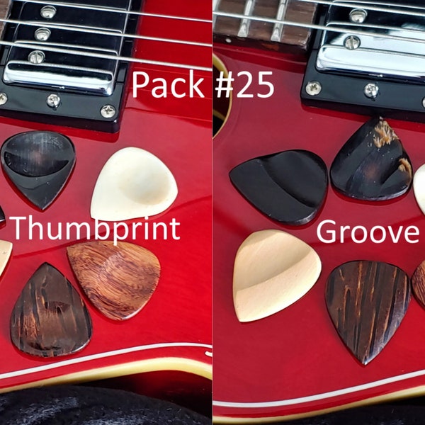 Pack of 6 Guitar Picks- Assorted Sizes, Shaped Picks Made of Woods, Horn, & Bone