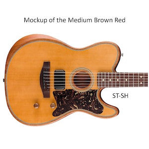May include: A medium brown red electric guitar with a light wood grain body, a dark tortoiseshell pickguard, a single black pickup, two wooden control knobs, and a fretboard with white dot inlays. The text Mockup of the Medium Brown Red ST-SH is visible.