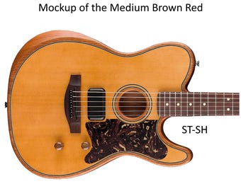 May include: A medium brown red electric guitar with a light wood grain body, a dark tortoiseshell pickguard, a single black pickup, two wooden control knobs, and a fretboard with white dot inlays. The text Mockup of the Medium Brown Red ST-SH is visible.