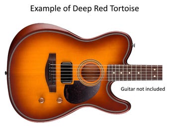 May include: An acoustic-electric guitar body with a sunburst finish, featuring a dark tortoise shell pickguard, a round soundhole, a bridge, two control knobs, and white binding. Text reads: Example of Deep Red Tortoise and Guitar not included.