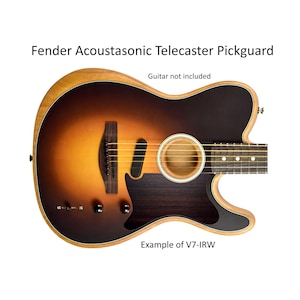 May include: A dark brown wooden pickguard for a Fender Acoustasonic Telecaster guitar. The pickguard features a smooth, dark wood grain finish and is shaped to fit the body of the instrument. Text reads Fender Acoustasonic Telecaster Pickguard, Guitar not included, and Example of V7-IRW.