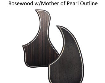 May include: Two dark brown rosewood guitar pickguards, one Taylor style and one teardrop style, each featuring a shimmering mother of pearl outline. The text Taylor & Teardrop Pickguards Rosewood w/Mother of Pearl Outline is displayed above.