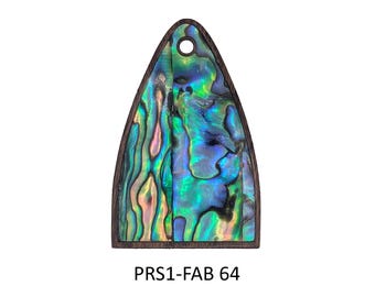 May include: Abalone shell guitar pickguard with a dark wood frame. The pickguard has a pearlescent, iridescent surface with shades of blue, green, and pink. The text "PRS1-FAB 64" is printed at the bottom.