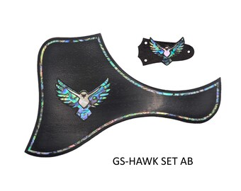 Guitar Pickguard & Truss Rod Cover Set Hawk Design Colorful Abalone, White Mother of Pearl