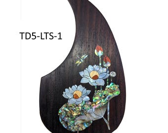 Rosewood Guitar Pickguard: Lotus-Dragonfly Abalone Inlay, Free Mount