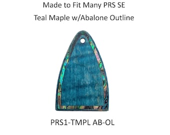 May include: A teal maple guitar truss rod cover with an abalone shell outline and a single mounting hole. The text reads: Made to Fit Many PRS SE, Teal Maple w/Abalone Outline, and PRS1-TMPL AB-OL. Test fit before ordering using template link in ad.