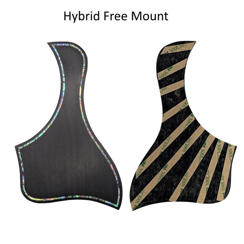 May include: Two teardrop-shaped guitar pickguards labeled Hybrid Free Mount. The left piece is matte black with an iridescent abalone shell inlay border. The right piece shows the reverse side with diagonal strips of 3M 300LSE adhesive tape.