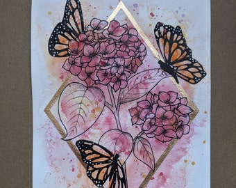 Rosa Hortensien mit Monarch Schmetterlinge in Aquarell mit Goldblatt - Custom - anpassbar - benutzerdefinierte Wandkunst - Blumenkunst - Dekor