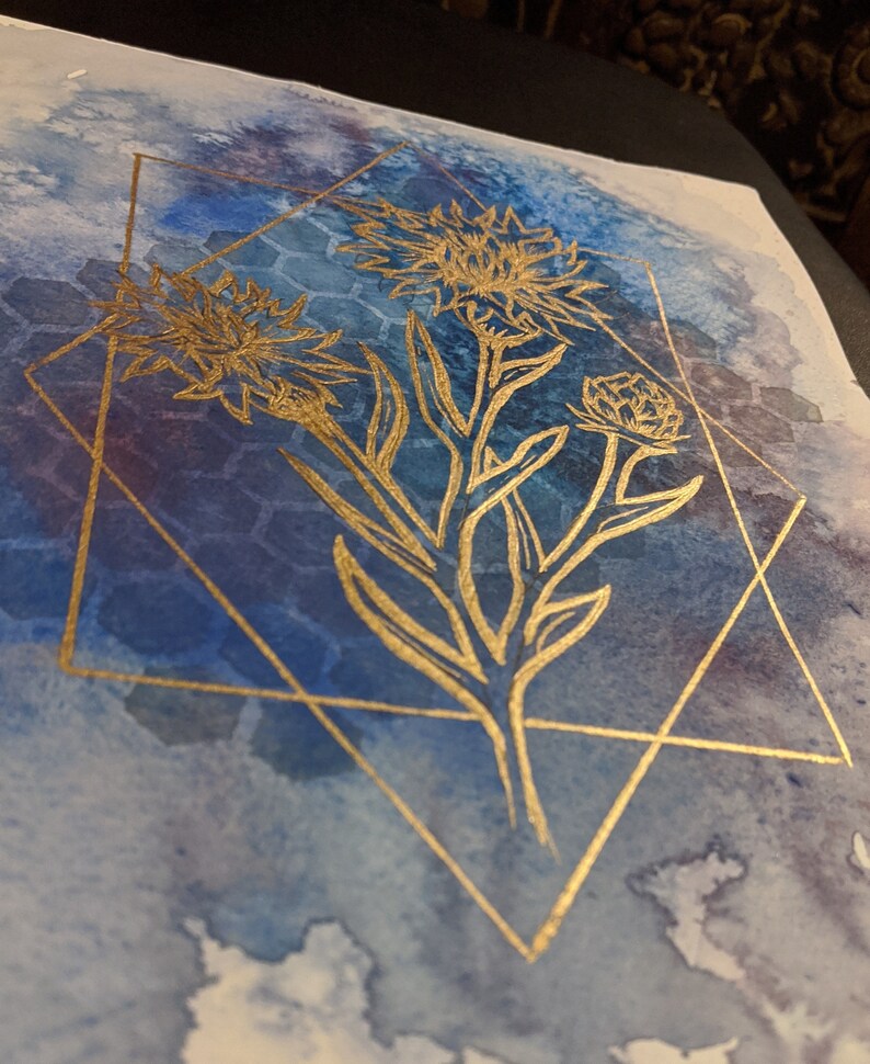 Cornflower in Gold Leaf and Watercolor Custom Customizable Etsy