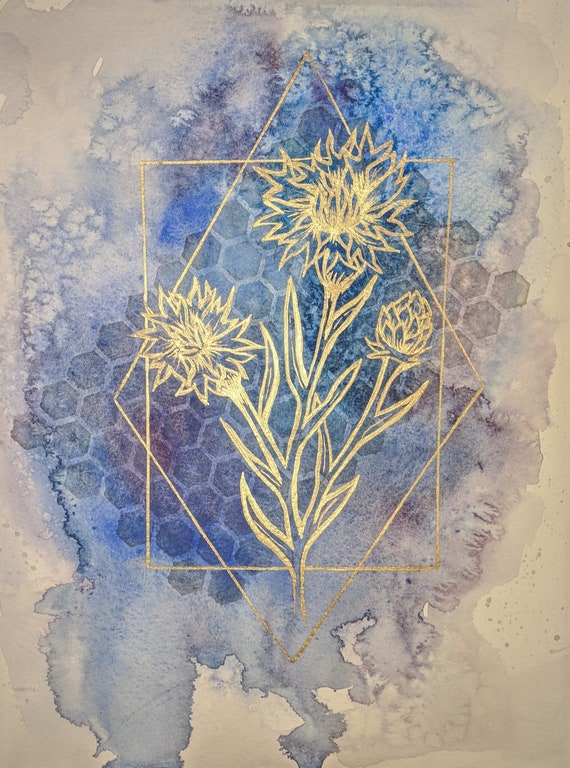 Cornflower in Gold Leaf and Watercolor Custom Customizable Etsy