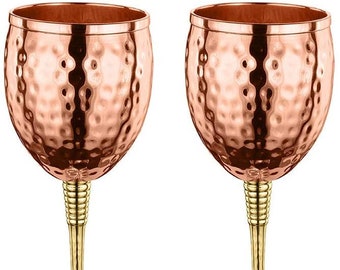 Set of 2 Shatterproof 100% Handcrafted Copper Wine Glasses Hammered Finish 16 Oz. Gift Set