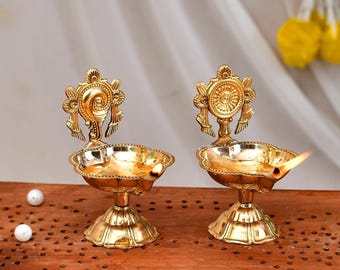 Pack of 2 Pure Brass Shanku Chakra 3.5 Inch kuber Diya Diwali Decoration Item for Home Decor - Brass shanku Chakra kuber Diya for puja