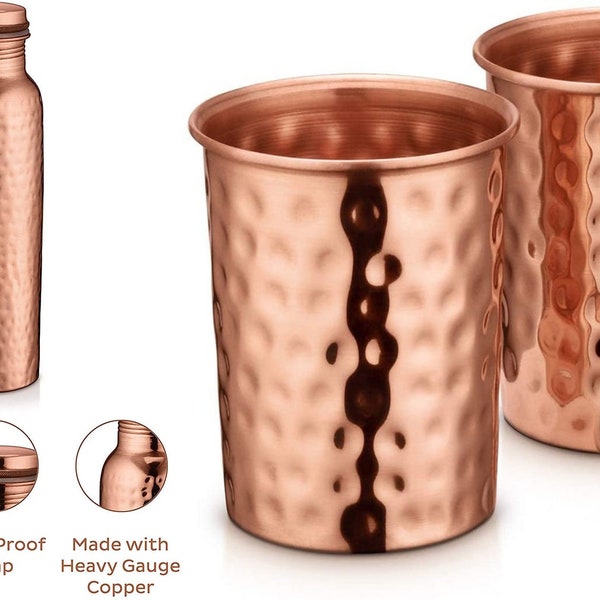 VG Made in India 30 Oz. Handmade Handcrafted 100% Pure Copper Water Bottle Leak Proof with 2  Copper Glass Drinkware Hammered Finish 8 Oz