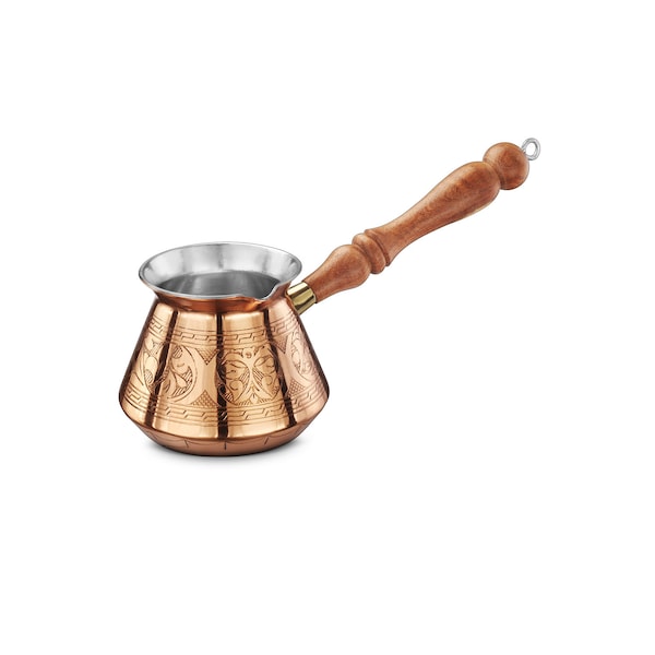 VG Handicrafts Premium Handmade Turkish Copper Coffee Pot with Wooden Handle - 16 Oz Cezve for Turkish, Greek, and Arabic Coffee