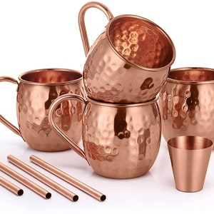 Set of 4 Handcrafted 100% Pure Copper Moscow Mule Mugs Hammered 16 Oz with Shot Glass 4 Copper Straws