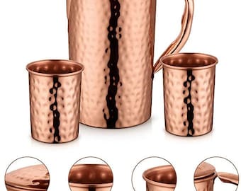 Handcrafted 100% Pure Copper Jug Pitcher with 2 Glass Drinkware Hammered Finish Ayurveda Health Benefit