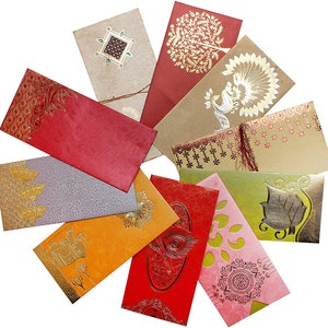May include: A set of ten decorative envelopes with various designs and colors. The envelopes feature gold accents and intricate patterns. The envelopes are perfect for special occasions like weddings, birthdays, or holidays.
