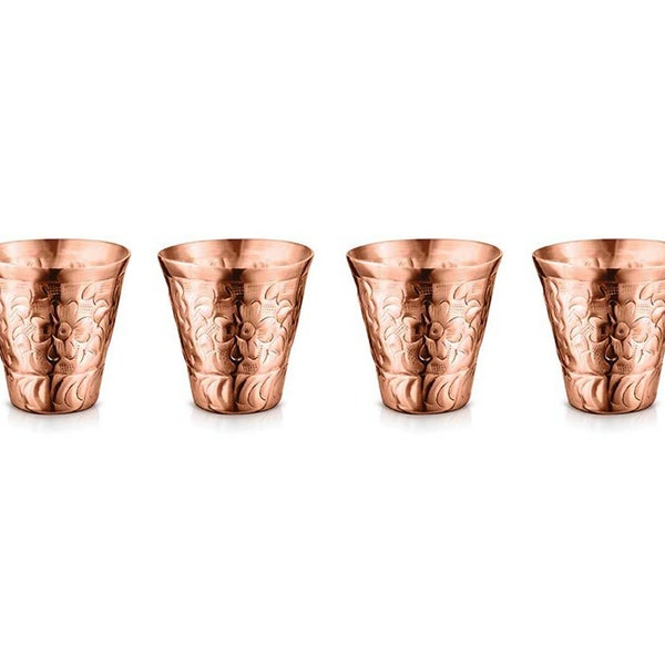 Handcrafted 4 Pcs Engraved Shot Glass 100% Pure Copper Gift Set Boxed