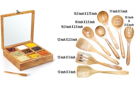 Teakwood Masala Box and Wooden Spoons for Cooking, Kitchen
