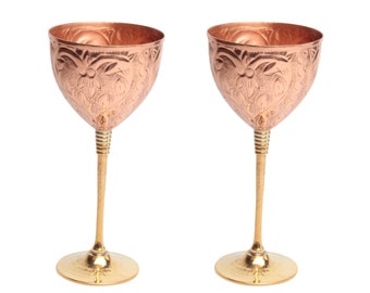 Set of 2 Shatterproof 100% Handcrafted Copper Wine Glasses Engraved Finish Gift Set
