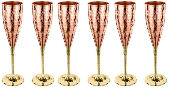 Modern Stemless Wine Flute Glasses w/ Hammered Brass Plated Design, Set of 4