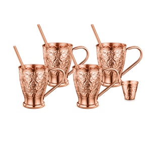 Handcrafted Engraved 100% Pure Copper Moscow Mule Mugs 16 Oz. Gift Set Boxed with Engraved Shot Glass and Copper Straws Set of 4