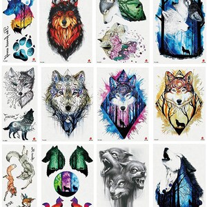 May include: A set of 12 temporary tattoos featuring colorful wolf designs. The tattoos include wolves howling at the moon, wolves in the forest, and wolves with geometric patterns.