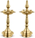 Pack of 2 Brass Fancy Kerala Diya Oil Lamp (Kuthu Vilakku) for Home Temple Festival Home Decor Pooja & Diwali Indian Free 200 Cotton Wicks